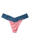 Hanky Panky Colorplay Original Lace Thong In Pink Lady/ Storm Cloud Blue