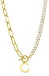 Adornia Initial Pendant Half Crystal Half Paper Clip Chain Necklace In Gold-c