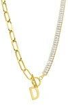 Adornia Initial Pendant Half Crystal Half Paper Clip Chain Necklace In Gold-d