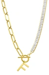 Adornia Initial Pendant Half Crystal Half Paper Clip Chain Necklace In Gold-f