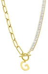 Adornia Initial Pendant Half Crystal Half Paper Clip Chain Necklace In Gold-g