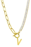 Adornia Initial Pendant Half Crystal Half Paper Clip Chain Necklace In Gold-v