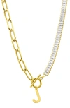 Adornia Initial Pendant Half Crystal Half Paper Clip Chain Necklace In Gold-j