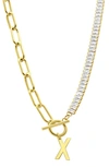 Adornia Initial Pendant Half Crystal Half Paper Clip Chain Necklace In Gold-x