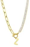 Adornia Initial Pendant Half Crystal Half Paper Clip Chain Necklace In Gold-z