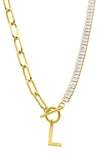 Adornia Initial Pendant Half Crystal Half Paper Clip Chain Necklace In Gold-l