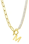 Adornia Initial Pendant Half Crystal Half Paper Clip Chain Necklace In Gold-m