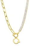 Adornia Initial Pendant Half Crystal Half Paper Clip Chain Necklace In Gold-q
