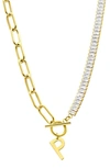 Adornia Initial Pendant Half Crystal Half Paper Clip Chain Necklace In Gold-p