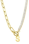 Adornia Initial Pendant Half Crystal Half Paper Clip Chain Necklace In Gold-s