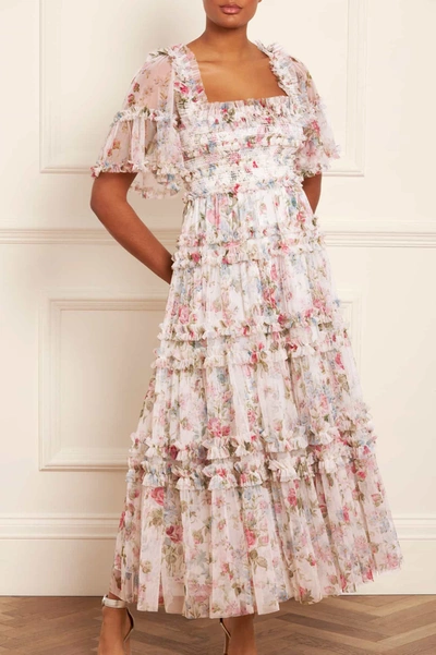 Needle & Thread Floral Fantasy Peaches Smocked Ankle Gown In Multi