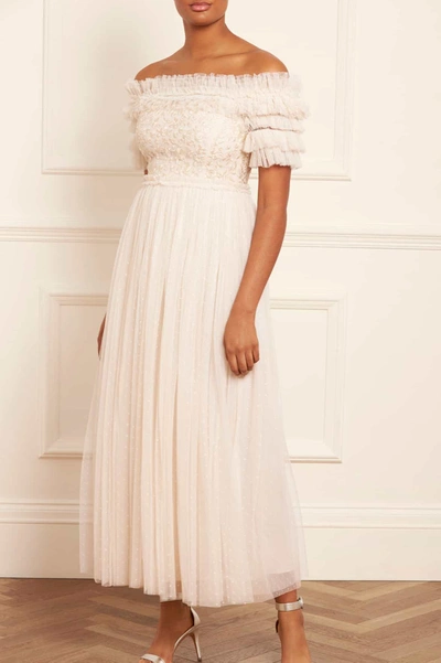 Needle & Thread Midsummer Lace Bodice Off-shoulder Ankle Gown In Champagne