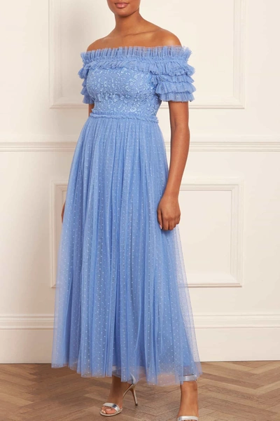 Needle & Thread Midsummer Lace Bodice Off-shoulder Ankle Gown In Blue