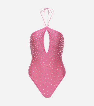 Oseree Oséree Embellished Halterneck Swimsuit In Pink