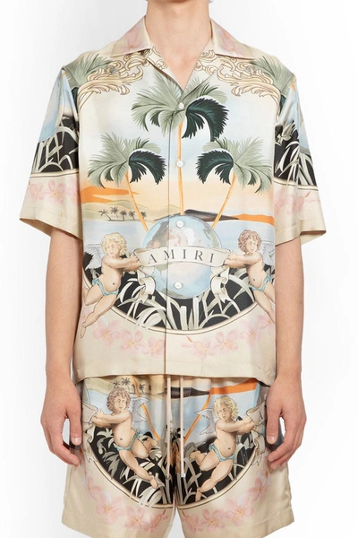 Amiri Cherub-print Short-sleeved Silk Shirt In Neutrals