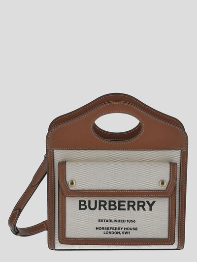 Burberry Pocket Mini Canvas And Leather Bag In Naturalmaltbrown