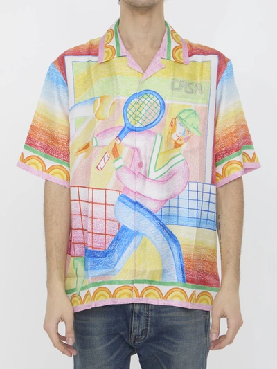 Casablanca Crayon Tennis Player Silk Shirt In Multicolor