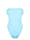 Saint Laurent Strapless Cutout Open-back Swimsuit In Bleu Topaze