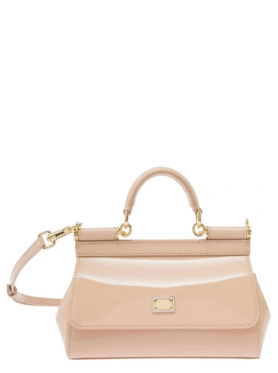 DOLCE & GABBANA 'MINI SICILY' BEIGE HANDBAG WITH LOGO PLAQUE IN PATENT LEATHER WOMAN