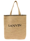 LANVIN BEIGE TOTE BAG WITH EMBROIDERED LOGO IN RAFIA WOMAN