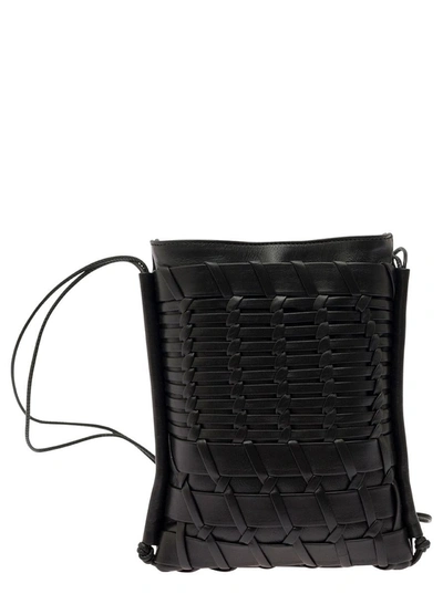 Hereu 'trena' Black Flat Square Crossbody Bag In Handwoven Leather Woman
