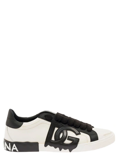 DOLCE & GABBANA 'VINTAGE PORTAFINO' BLACK LOW TOP SNEAKERS WITH DG PATCH IN LEATHER MAN