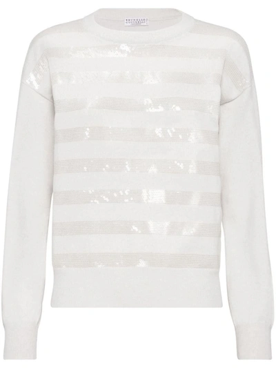 Brunello Cucinelli Women's Cashmere Sweater With Dazzling Stripe Embroidery In White,neutro