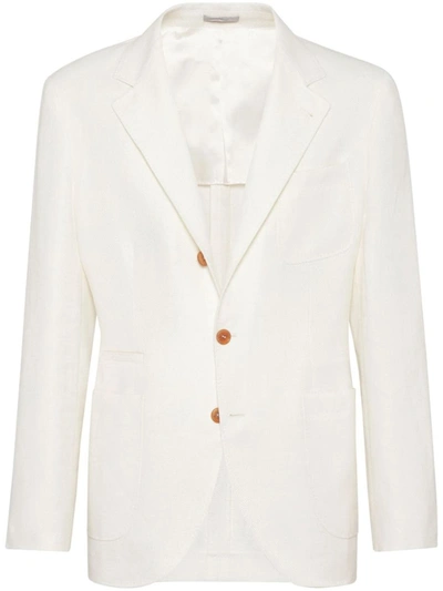 Brunello Cucinelli Men's Linen, Wool And Silk Diagonal Deconstructed Blazer In Off White