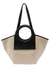 HEREU 'CALA S' WHITE AND BLACK HANDBAG WITH LEATHER HANDLES IN CANVAS WOMAN