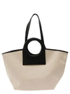 HEREU 'CALA' WHITE AND BLACK HANDBAG WITH LEATHER HANDLES IN CANVAS WOMAN