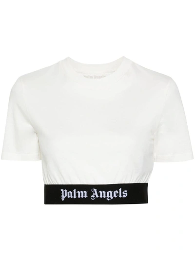 Palm Angels Logo-woven Cropped Stretch-cotton T-shirt In White