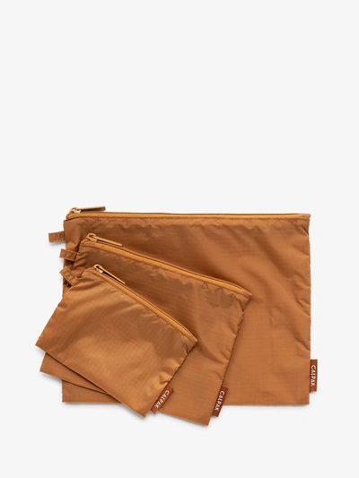 Calpak Compakt Zippered Pouch Set In Camel In Brown