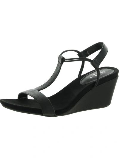Style & Co Mulan Womens Faux Leather T Strap Wedge Sandals In Black