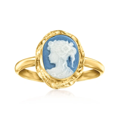 Ross-simons Italian Blue Porcelain Cameo Ring In 18kt Gold Over Sterling In Yellow