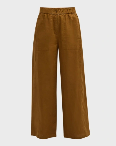 Eileen Fisher Cropped Wide-leg Organic Linen Pants In Bronze