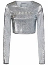 Rabanne Silver Long-sleeved Crop Top With Logo In Grigio