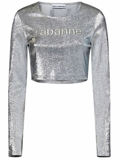 Rabanne Long-sleeved Silver Lamé Jersey Cropped Top In Grigio
