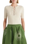 Dries Van Noten Taru Lace-up Ribbed Polo Top In Off White
