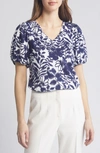 Anne Klein Floral Puff Sleeve T-shirt In Blue/ White