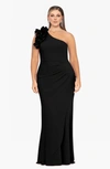 XSCAPE RUFFLE DETAIL ONE-SHOULDER SHEATH GOWN