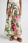FARM RIO PAINTED FLOWERS BELTED COTTON MAXI SKIRT