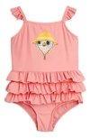 Mini Rodini Printed Ruffle-trimmed Swimsuit In Pink Coral