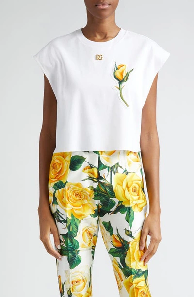 Dolce & Gabbana Rose Appliqué Crop Cotton T-shirt In Bianco Ottico