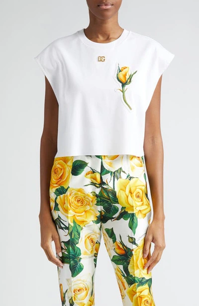 DOLCE & GABBANA ROSE APPLIQUÉ CROP COTTON T-SHIRT