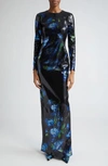 DOLCE & GABBANA BLUEBELL FLORAL LONG SLEEVE SEQUIN GOWN
