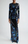 Dolce & Gabbana Bluebell Floral Print Paillette Embellished Gown In Nero