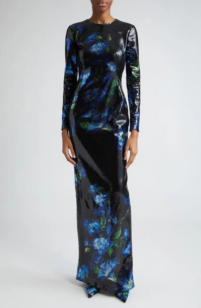 Dolce & Gabbana Bluebell Floral Print Paillette Embellished Gown In Campanule Nero