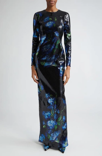 Dolce & Gabbana Bluebell Floral Print Paillette Embellished Gown In Blkprtflow