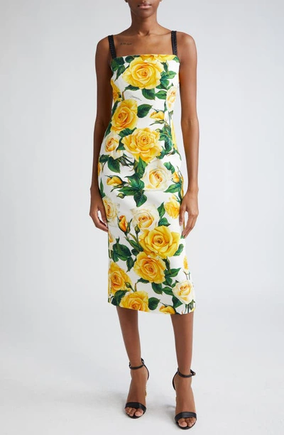 Dolce & Gabbana Rose-print Silk-blend Midi Dress In Yellow