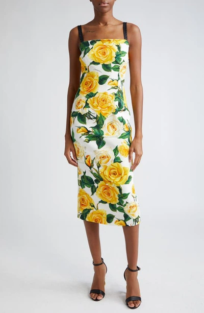 DOLCE & GABBANA ROSE PRINT CHARMEUSE MIDI DRESS